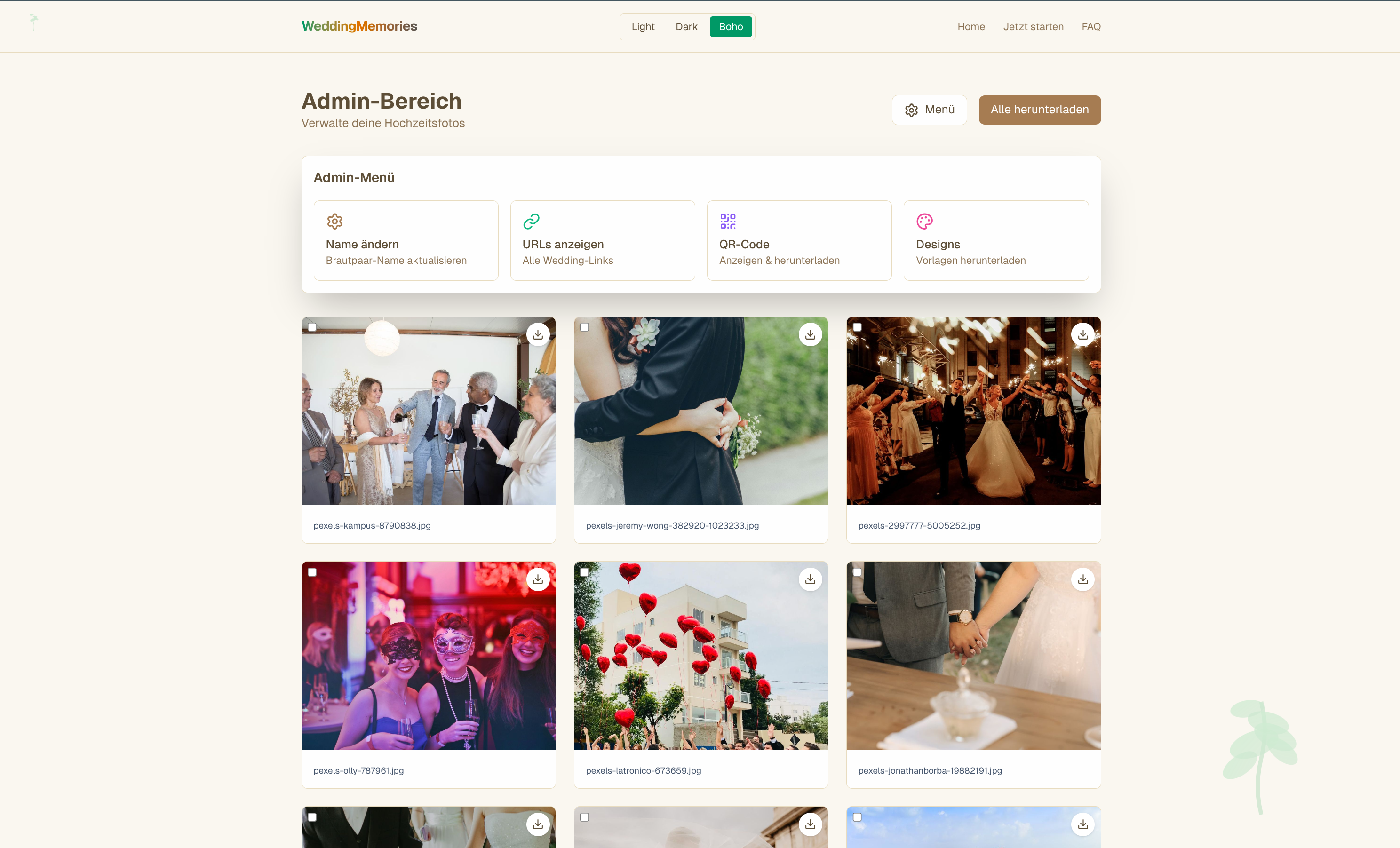 Desktop view of the wedding photo gallery interface